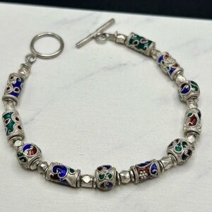 925 Sterling silver bracelet enamel toggle clasp #E148 red blue green 7”
